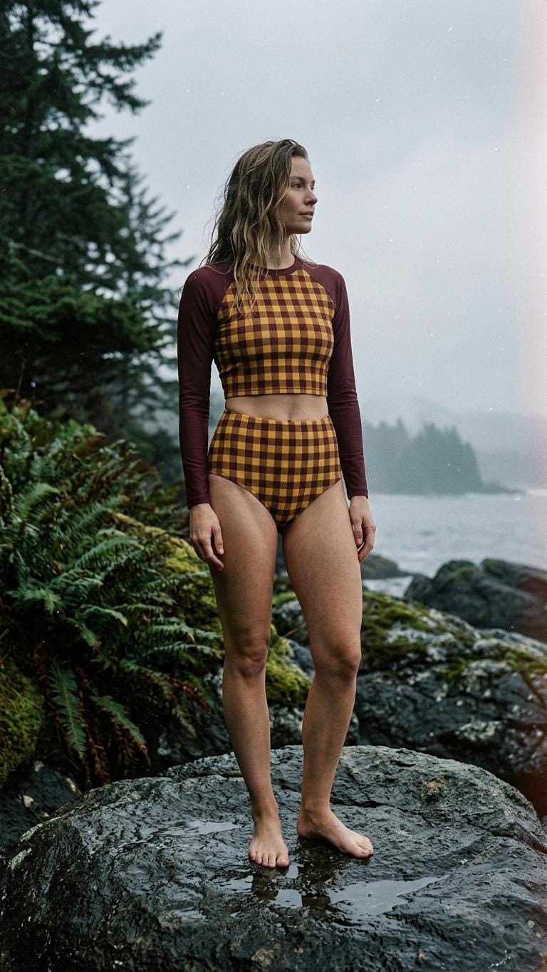 Wine & Yellow Vintage-Gingham Fall Lakehouse Two-Piece Swimsuit, Retro Long-Sleeve Crop Rash-Guard Set