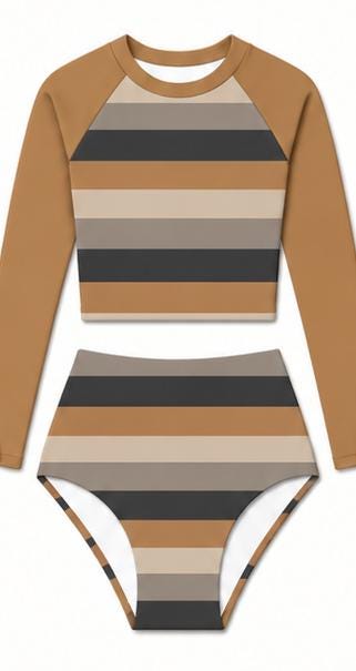 Caramel & Charcoal Vintage Stripes Fall Lakehouse Two-Piece Swimsuit, Retro Long-Sleeve Crop Rash-Guard Set