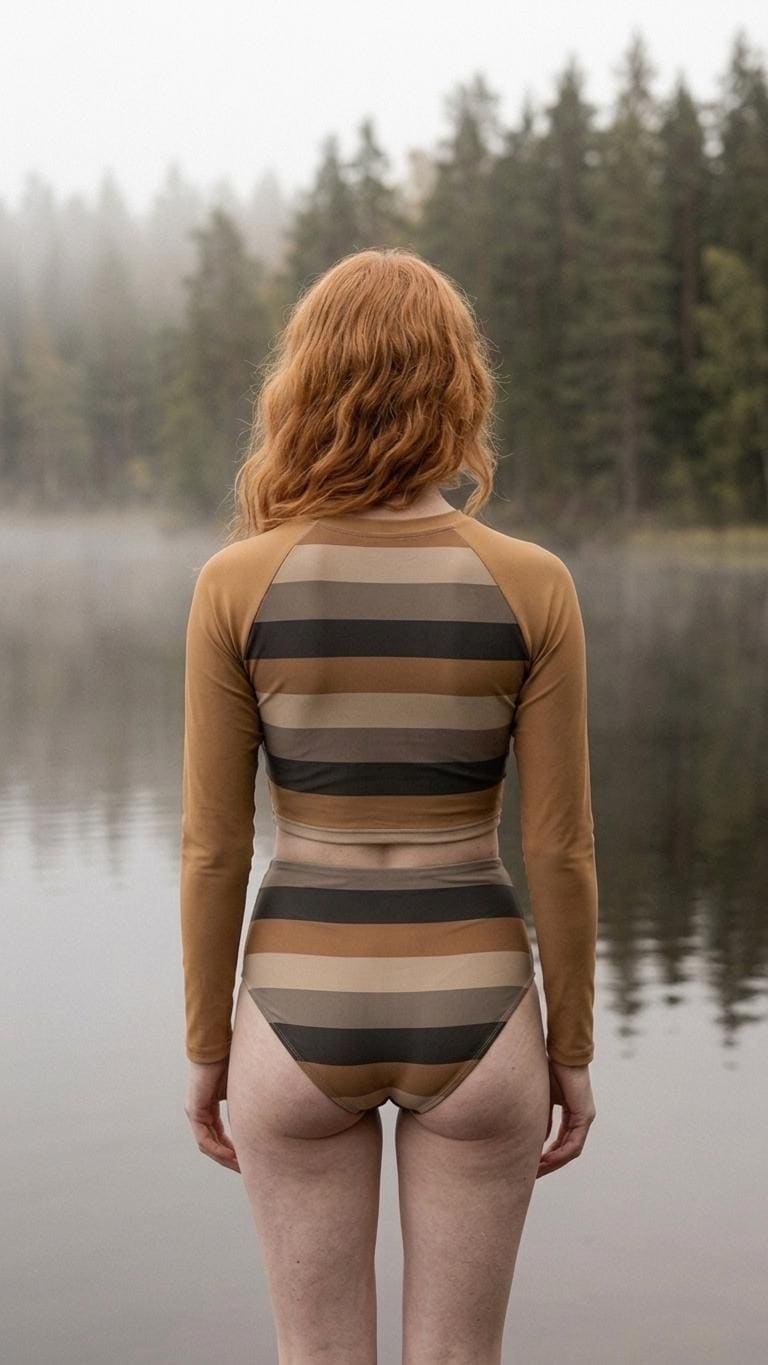 Caramel & Charcoal Vintage Stripes Fall Lakehouse Two-Piece Swimsuit, Retro Long-Sleeve Crop Rash-Guard Set