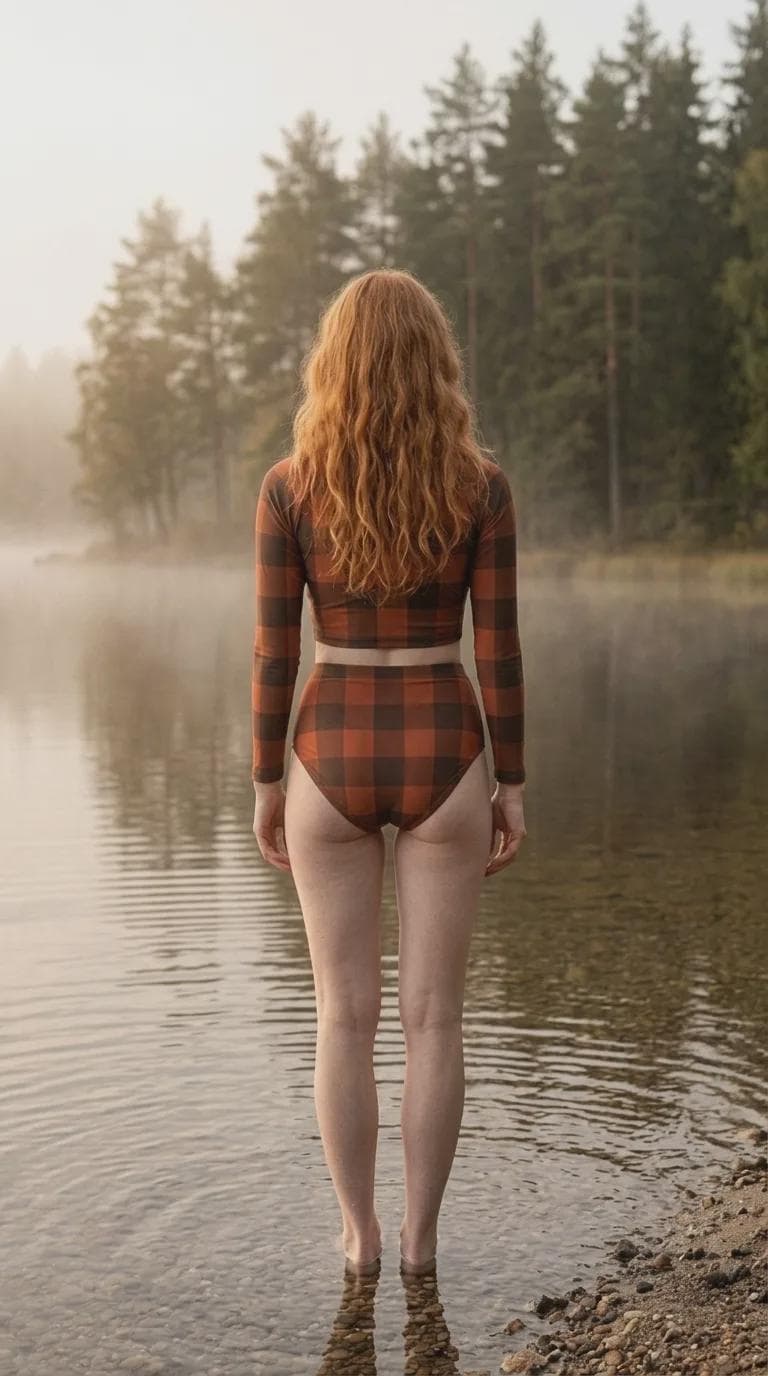 Red Vintage-Gingham Fall Lakehouse Two-Piece Swimsuit, Retro Long-Sleeve Crop Rash-Guard Set