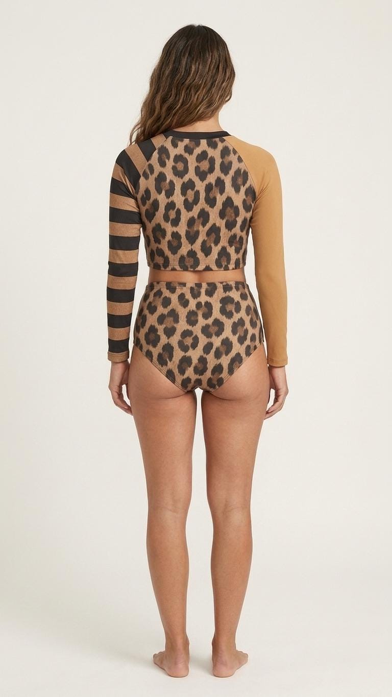 Leopard Brown with Stripes Two-Piece Swimsuit, Retro Long-Sleeve Crop Rash-Guard Set