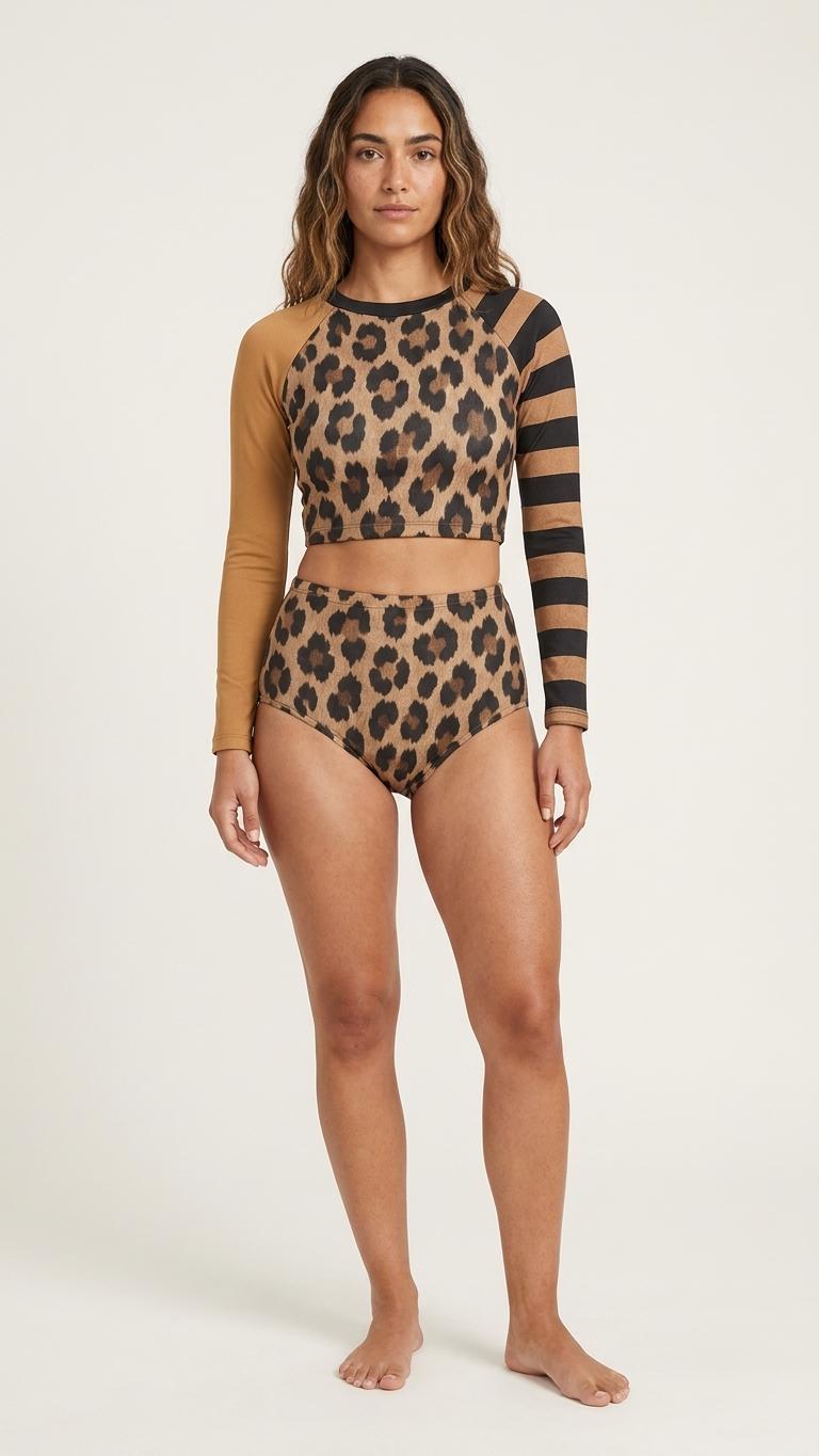 Leopard Brown with Stripes Two-Piece Swimsuit, Retro Long-Sleeve Crop Rash-Guard Set