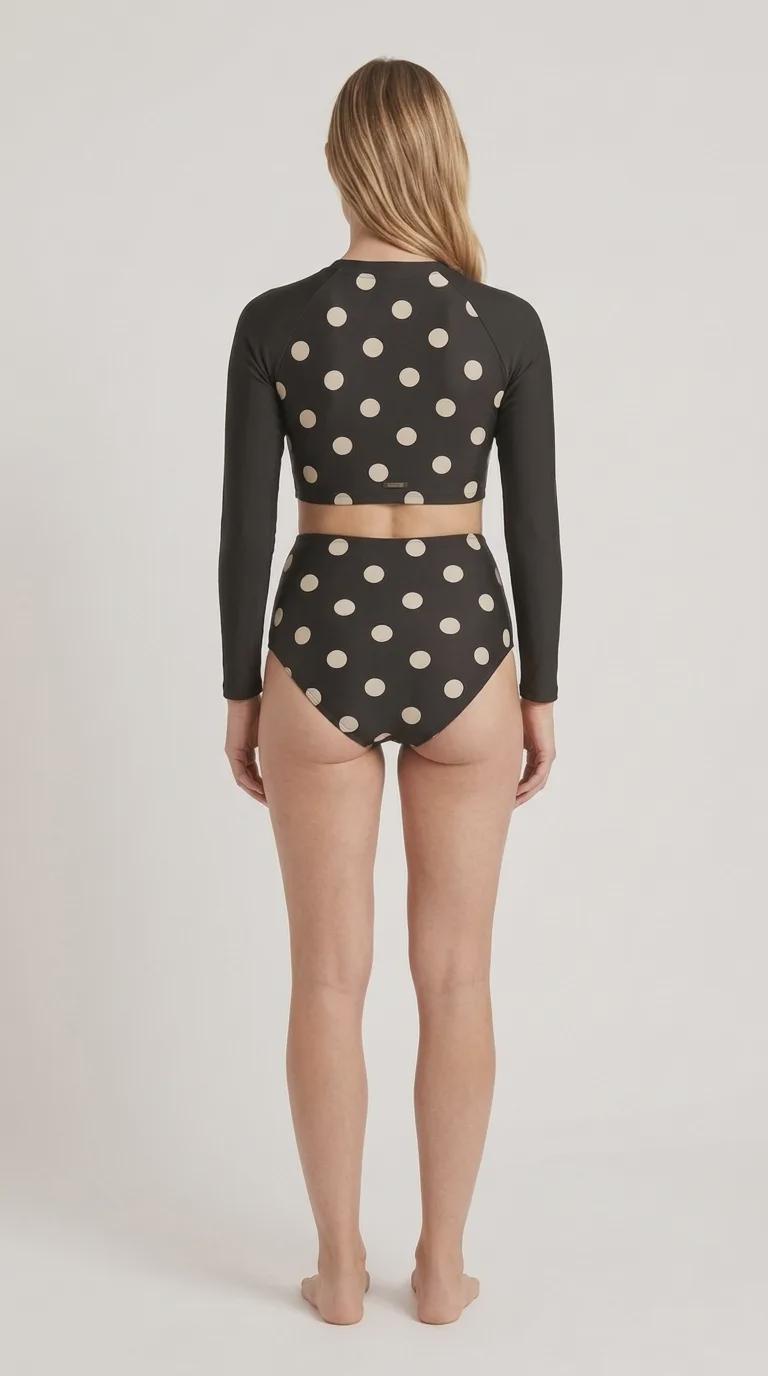 Retro Surf Sporty Long-Sleeve Rash-Guard Bikini | High-Waist Two-Piece Swimsuit | Black & White