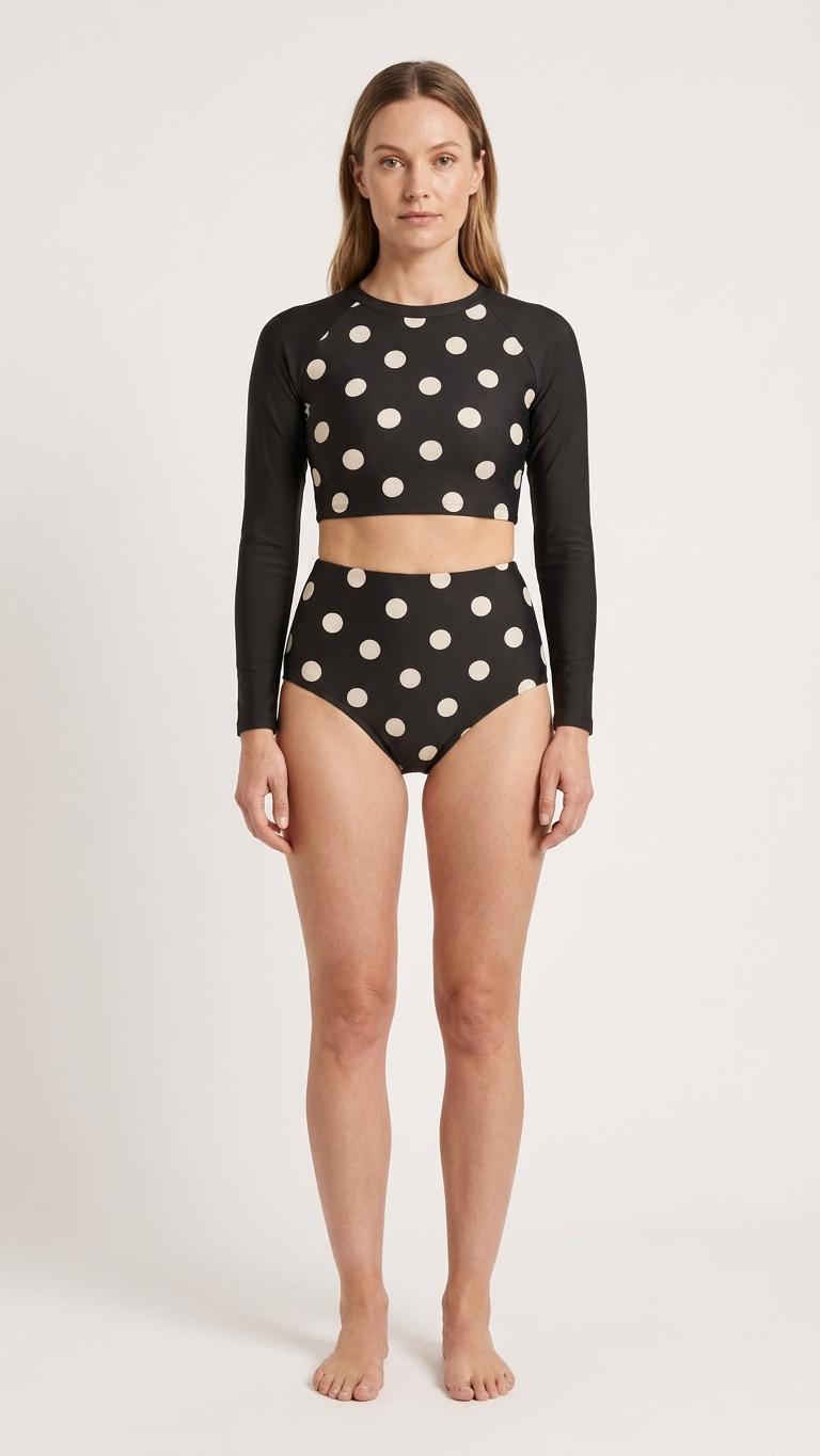 Retro Surf Sporty Long-Sleeve Rash-Guard Bikini | High-Waist Two-Piece Swimsuit | Black & White