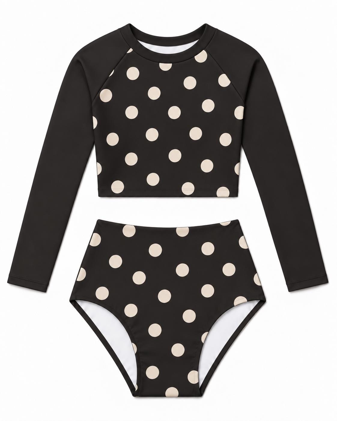 Retro Surf Sporty Long-Sleeve Rash-Guard Bikini | High-Waist Two-Piece Swimsuit | Black & White