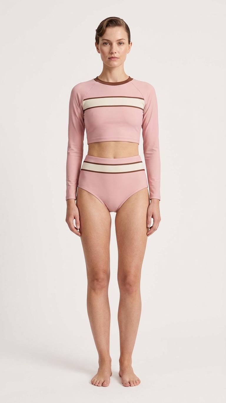 Retro Surf Sporty Long-Sleeve Rash-Guard Bikini | High-Waist Two-Piece Swimsuit | Pink with 1970s Stripes