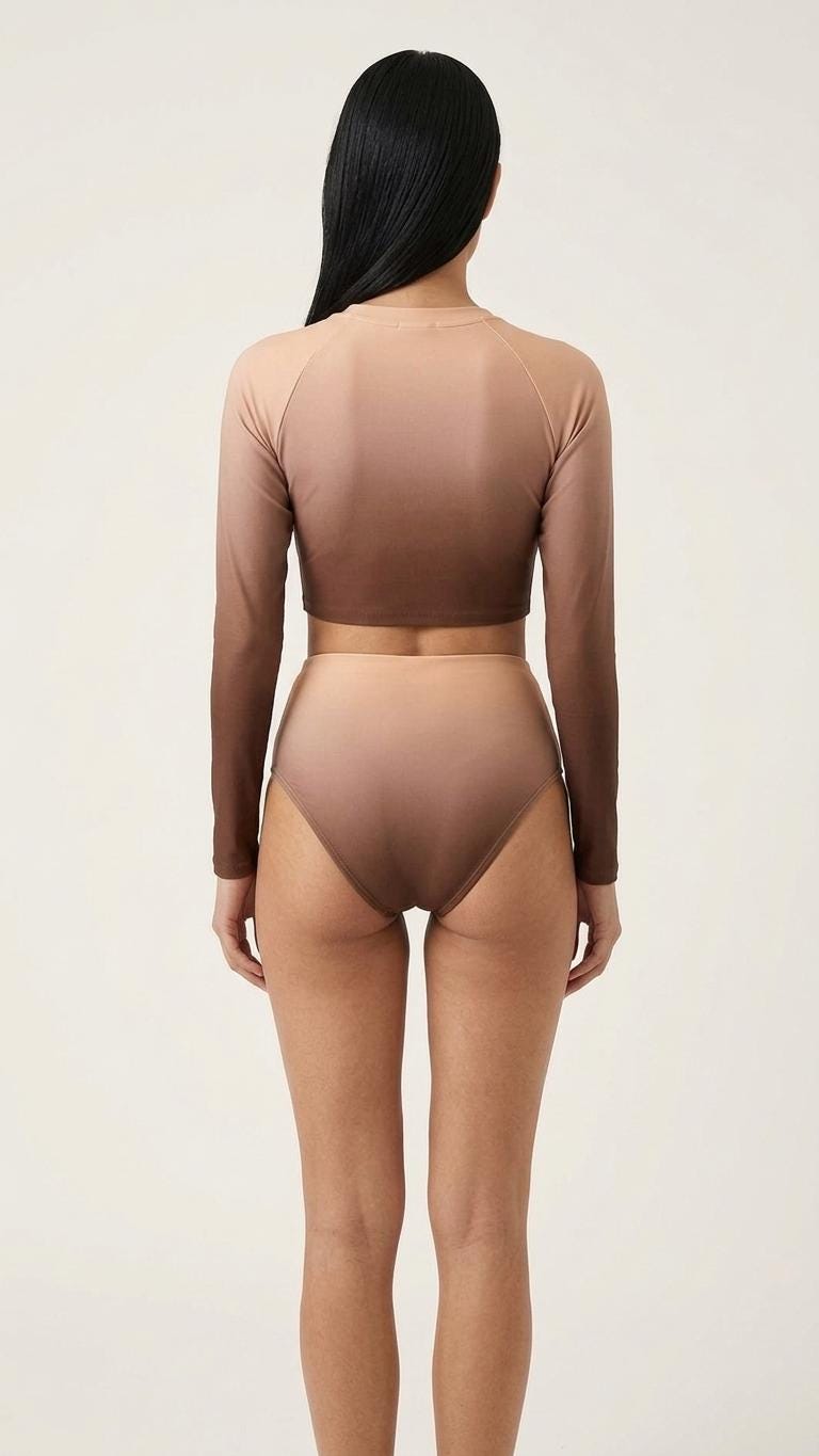 Retro Surf Sporty Long-Sleeve Rash-Guard Bikini | High-Waist Two-Piece Swimsuit | Ombre Brown & Peach Gradient