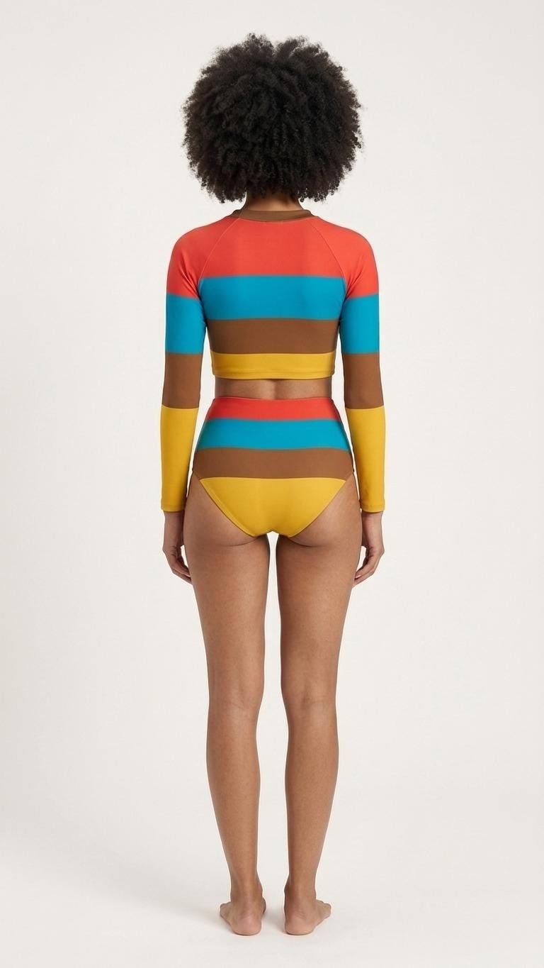 Retro Surf Sporty Long-Sleeve Rash-Guard Bikini | High-Waist Two-Piece Swimsuit | 1970s Stripes