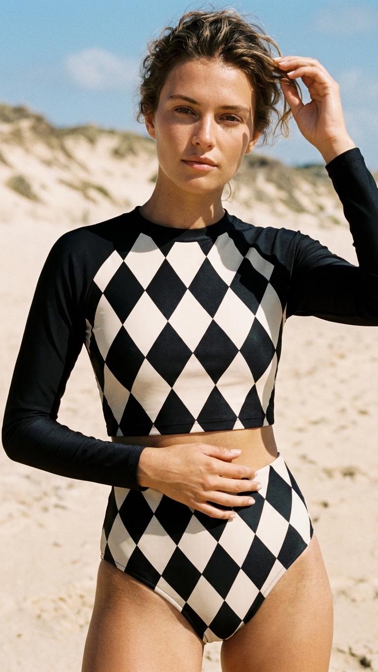 Vintage Diamond Checks Two-Piece Swimsuit, Retro Long-Sleeve Crop Rash-Guard Set