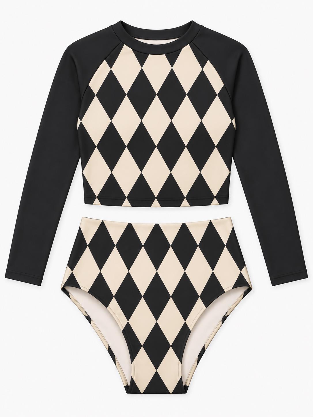 Vintage Diamond Checks Two-Piece Swimsuit, Retro Long-Sleeve Crop Rash-Guard Set