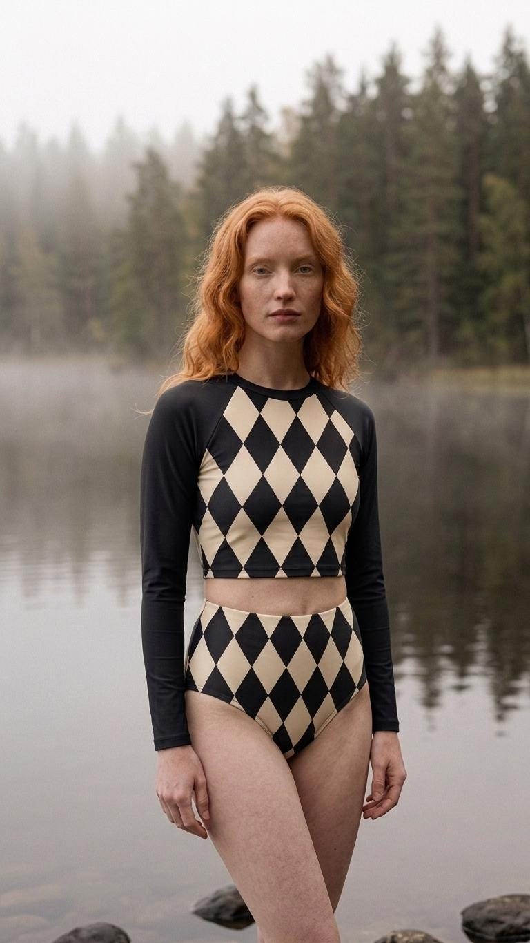 Vintage Diamond Checks Two-Piece Swimsuit, Retro Long-Sleeve Crop Rash-Guard Set