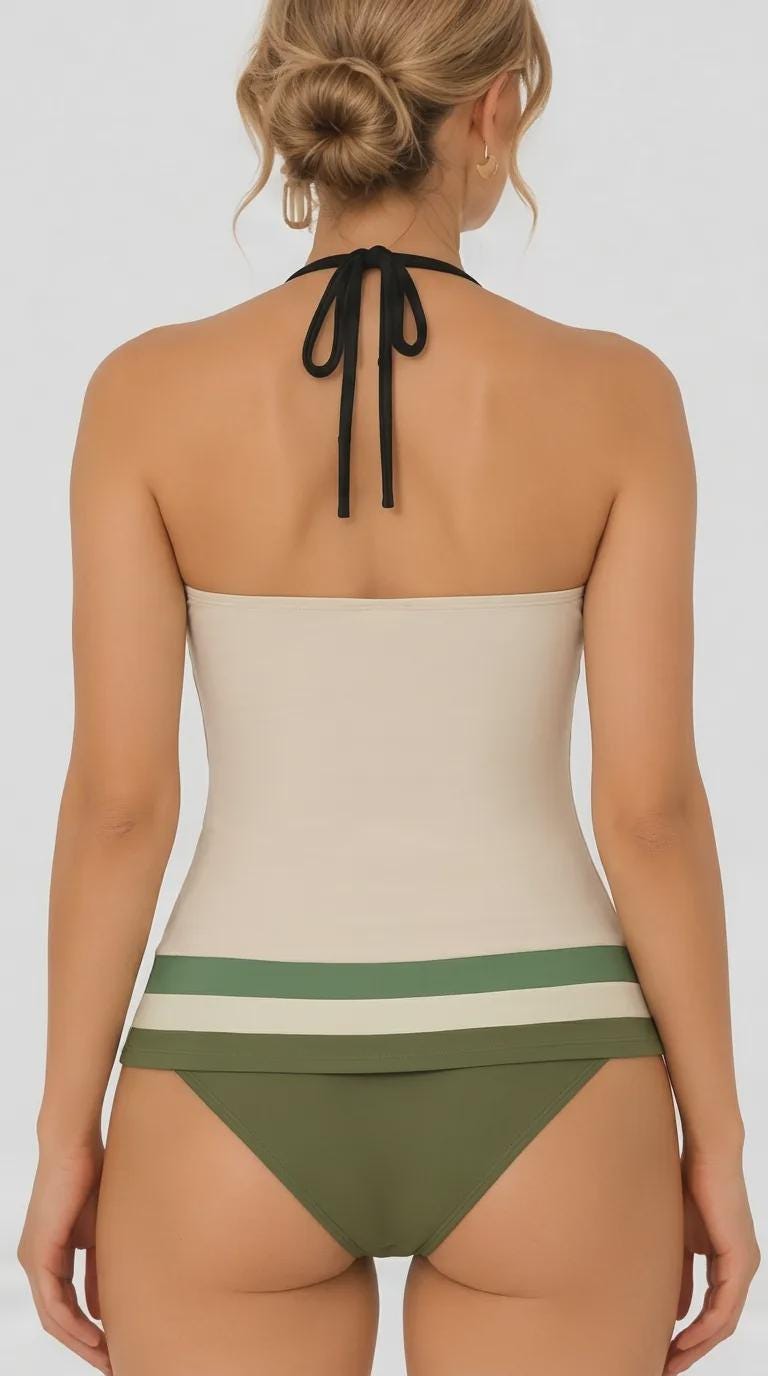 Retro Seventies Striped Adjustable Tankini | V-Neck Split Two-Piece Halter Swimsuit | Mod Mid-Century Brown