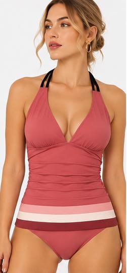 Retro Seventies Striped Adjustable Tankini | V-Neck Split Two-Piece Halter Swimsuit | Mod Mid-Century Brown