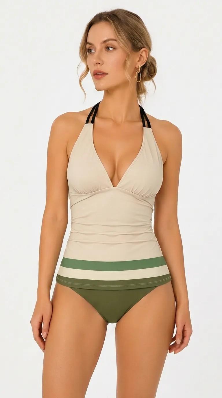 Retro Seventies Striped Adjustable Tankini | V-Neck Split Two-Piece Halter Swimsuit | Mod Mid-Century Brown