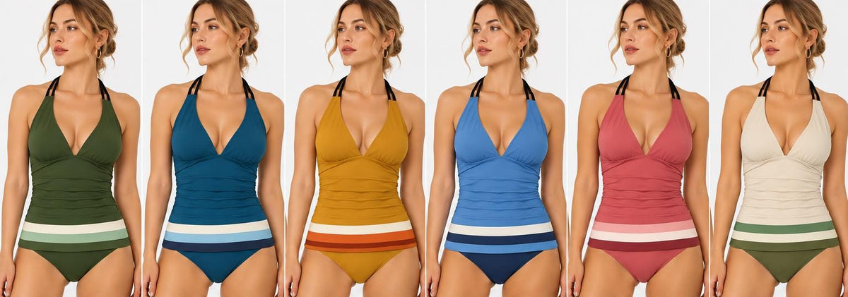 Retro Seventies Striped Adjustable Tankini | V-Neck Split Two-Piece Halter Swimsuit | Mod Mid-Century Brown
