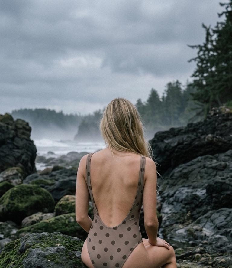 Open-Back One-Piece Swimsuit | Women's Bathing Suit | Fall Lakehouse Retro Swimwear | Taupe Polka-Dot