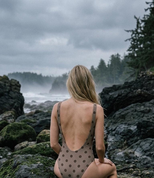 Open-Back One-Piece Swimsuit | Women's Bathing Suit | Fall Lakehouse Retro Swimwear | Taupe Polka-Dot