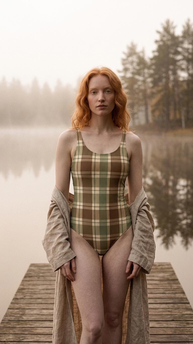 Open-Back One-Piece Swimsuit | Women's Bathing Suit | Fall Lakehouse Retro Swimwear | Dark Academia Plaid