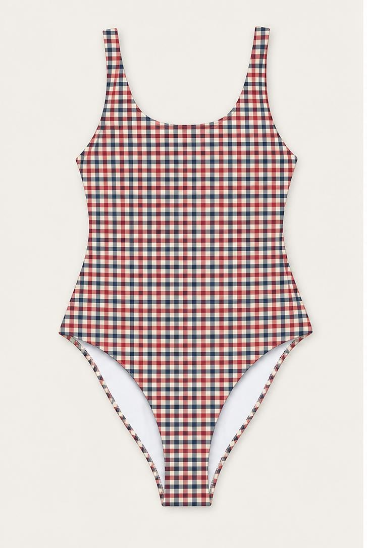 Open-Back One-Piece Swimsuit | Women's Bathing Suit | Fall Lakehouse Retro Swimwear | Traditional Gingham