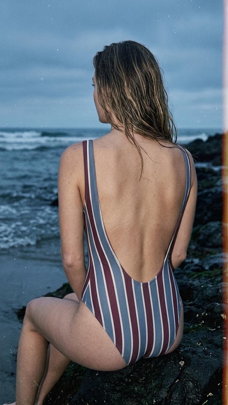 Open-Back One-Piece Swimsuit | Women's Bathing Suit | Fall Lakehouse Retro Swimwear | Blue & Maroon Stripes