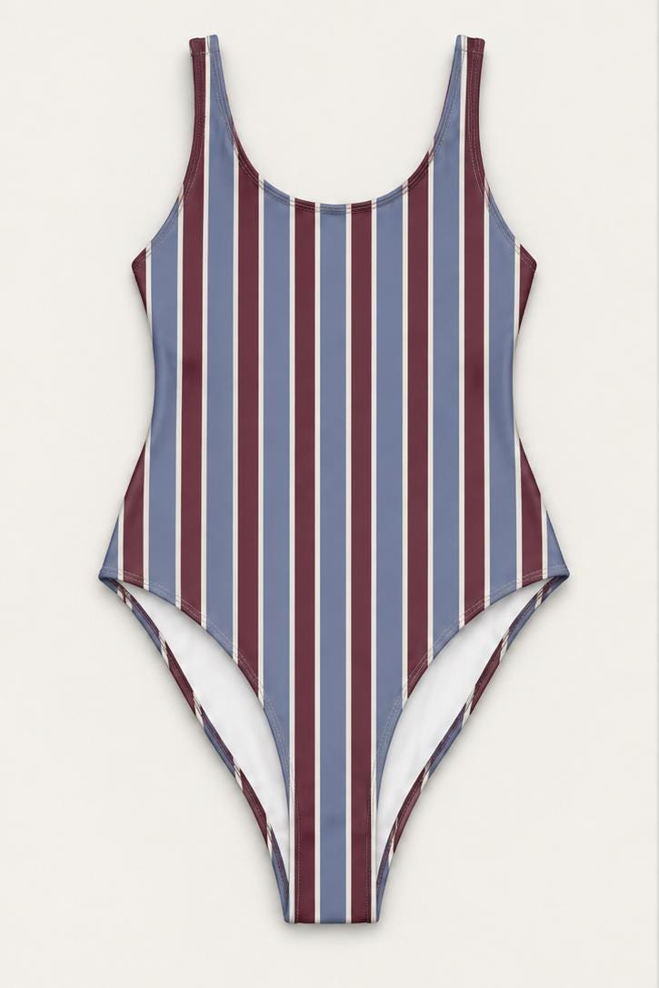 Open-Back One-Piece Swimsuit | Women's Bathing Suit | Fall Lakehouse Retro Swimwear | Blue & Maroon Stripes