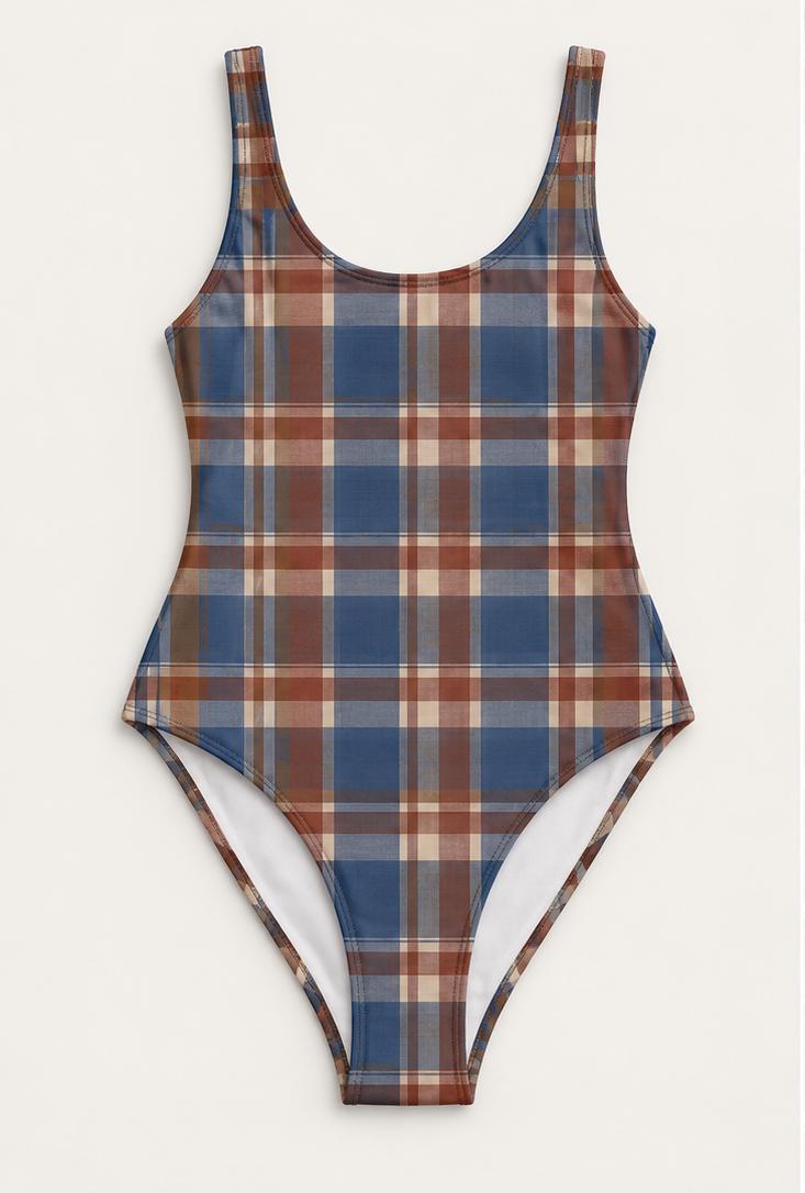 Open-Back One-Piece Swimsuit | Women's Bathing Suit | Fall Lakehouse Retro Swimwear | Vintage Blue & Red Plaid