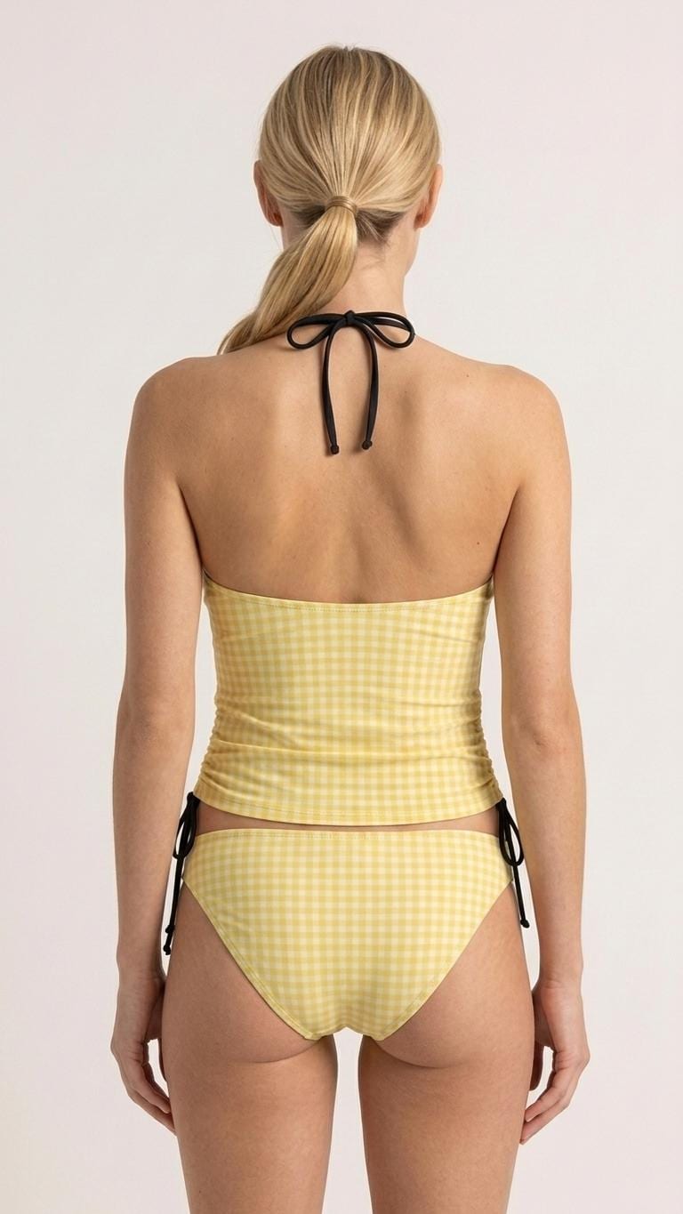 Halter Checkered Tankini – Yellow Two-Piece Cottagecore Swimsuit – Side Drawstrings, Flattering & Comfortable – Full Gingham