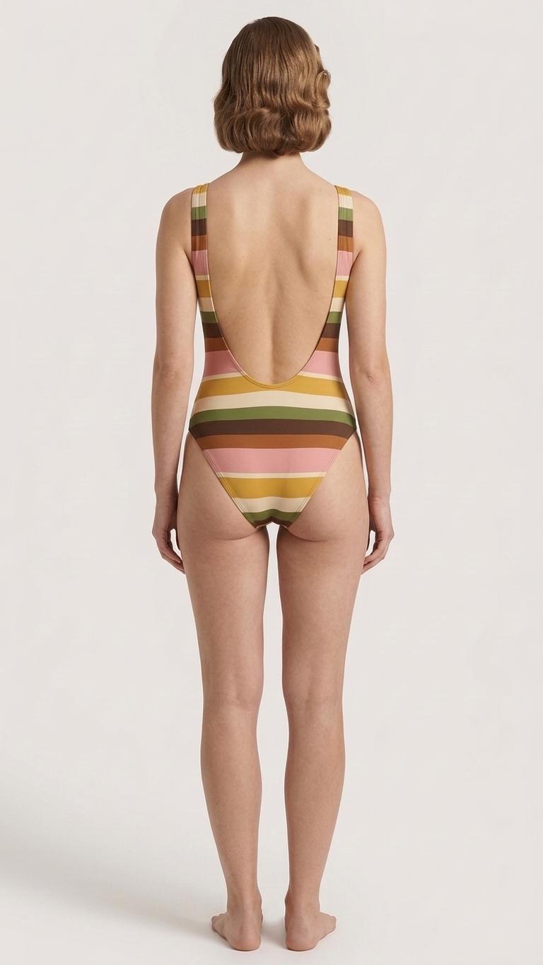 Open-Back One-Piece Swimsuit | Women's Bathing Suit | Fall Lakehouse Retro Swimwear | Stripes with Pink