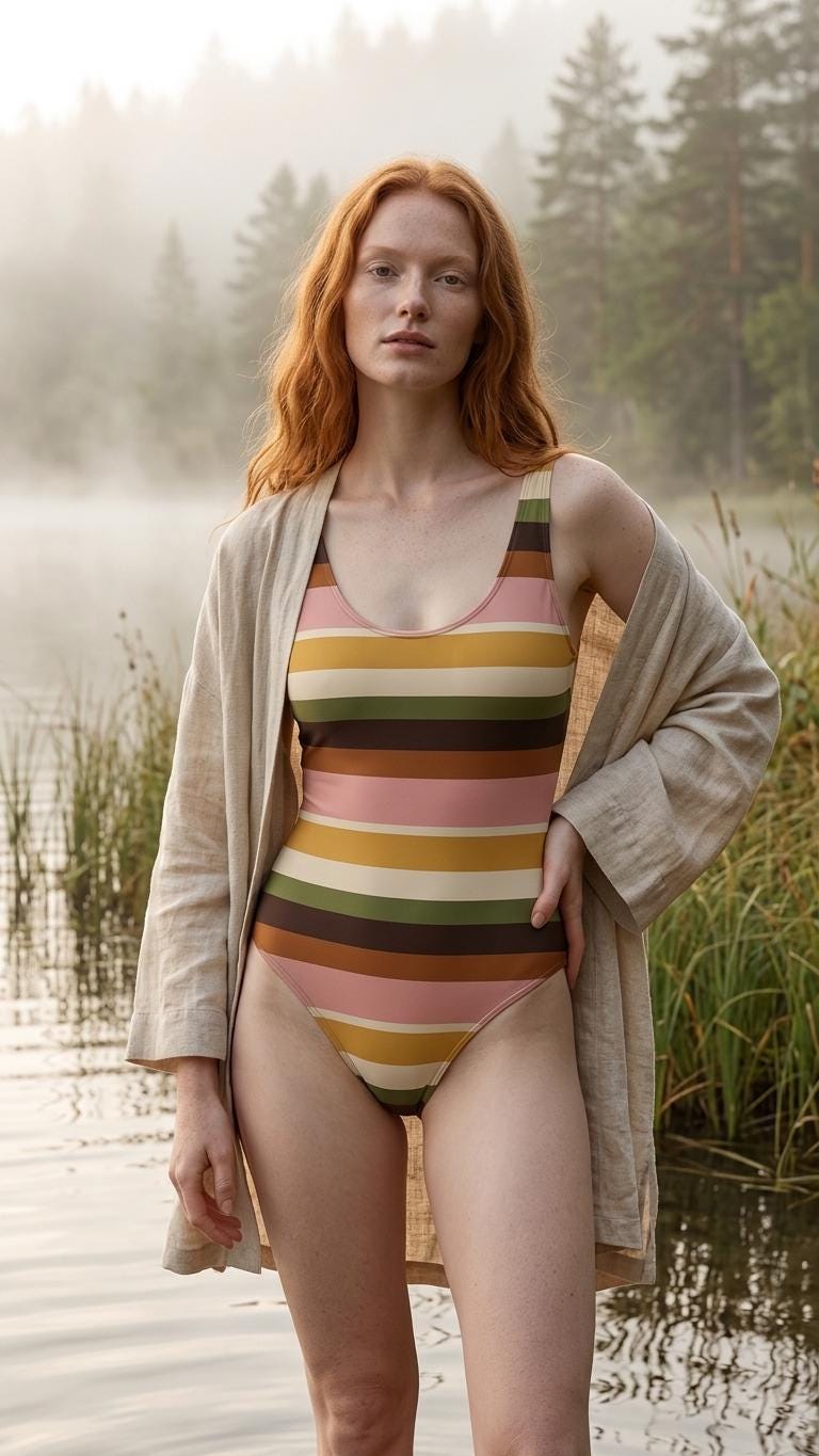 Open-Back One-Piece Swimsuit | Women's Bathing Suit | Fall Lakehouse Retro Swimwear | Stripes with Pink