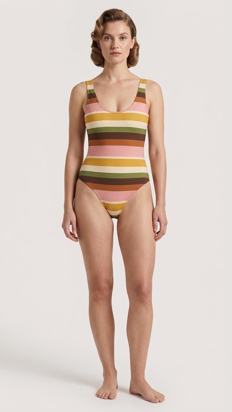 Open-Back One-Piece Swimsuit | Women's Bathing Suit | Fall Lakehouse Retro Swimwear | Stripes with Pink
