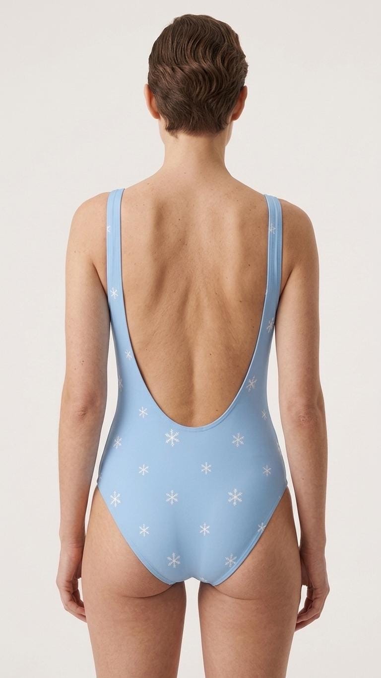 Open-Back One-Piece Swimsuit | Women's Bathing Suit | Après-Ski Classic Swimwear | Blue with Snowflakes