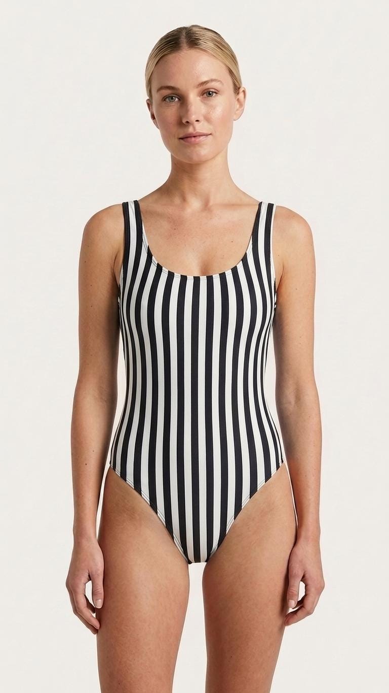 Nautical Coastal Striped Backless One-Piece Swimsuit | High-Cut, Scoop-Neck Swimwear | Black
