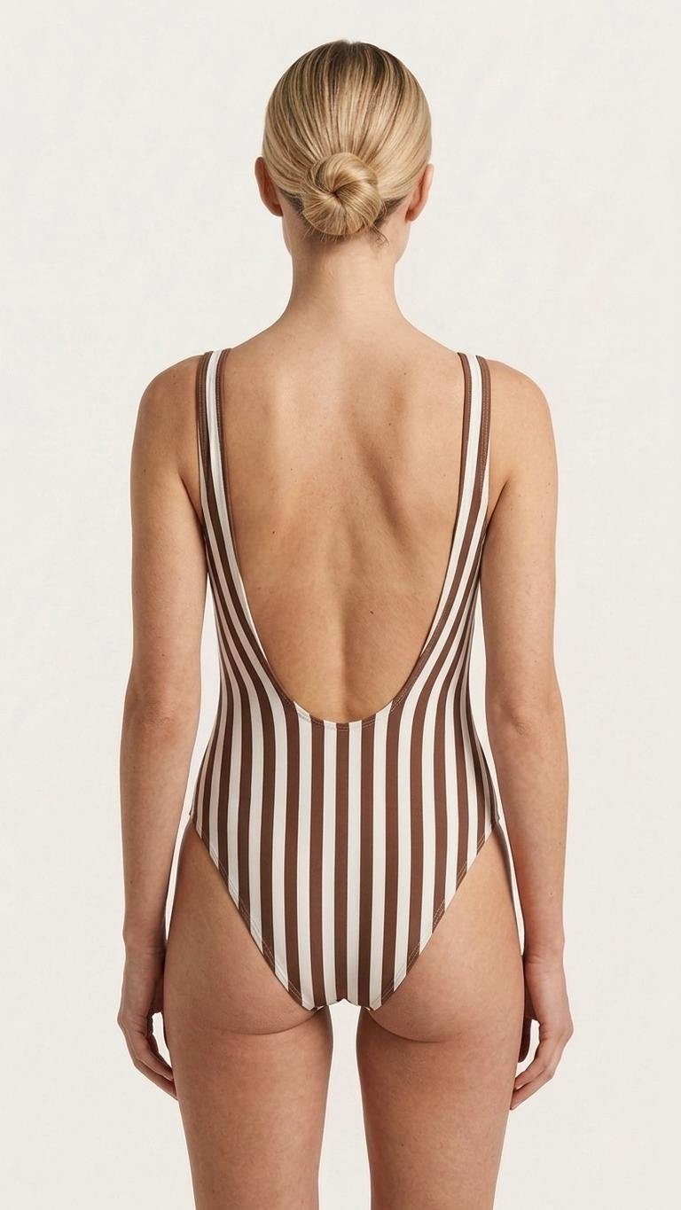Nautical Coastal Striped Backless One-Piece Swimsuit | High-Cut, Scoop-Neck Swimwear | Brown