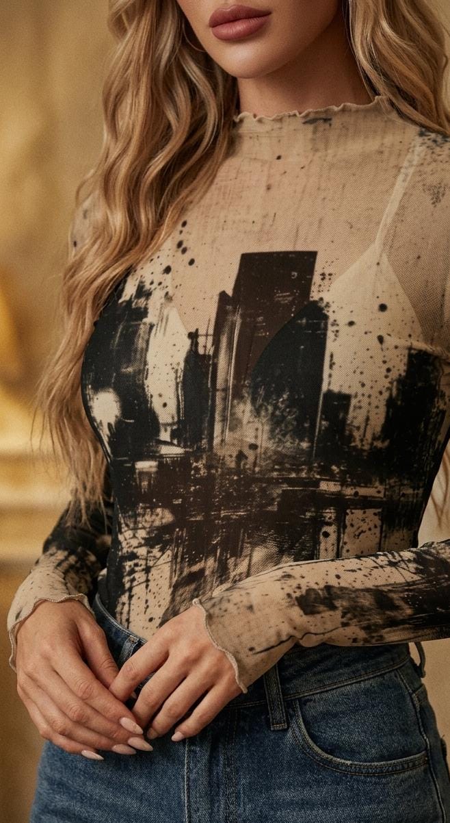 Women’s Retro Mesh Top, Sheer Long-Sleeve Shirt, Vintage-Inspired Statement Tee - Grunge Cityscape