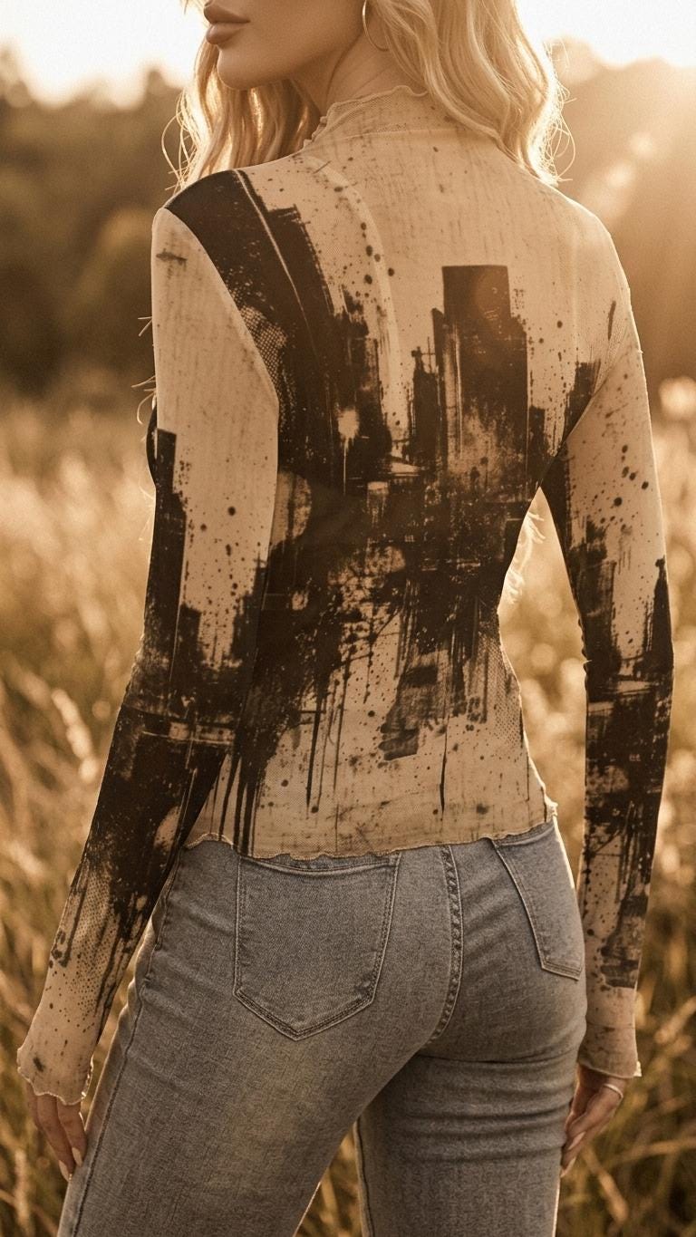 Women’s Retro Mesh Top, Sheer Long-Sleeve Shirt, Vintage-Inspired Statement Tee - Grunge Cityscape