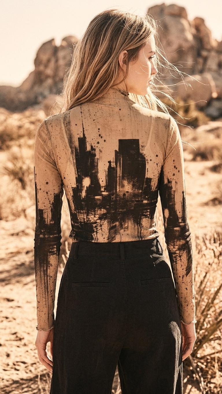 Women’s Retro Mesh Top, Sheer Long-Sleeve Shirt, Vintage-Inspired Statement Tee - Grunge Cityscape