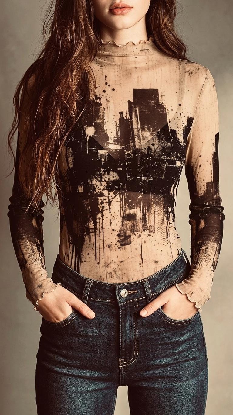 Women’s Retro Mesh Top, Sheer Long-Sleeve Shirt, Vintage-Inspired Statement Tee - Grunge Cityscape