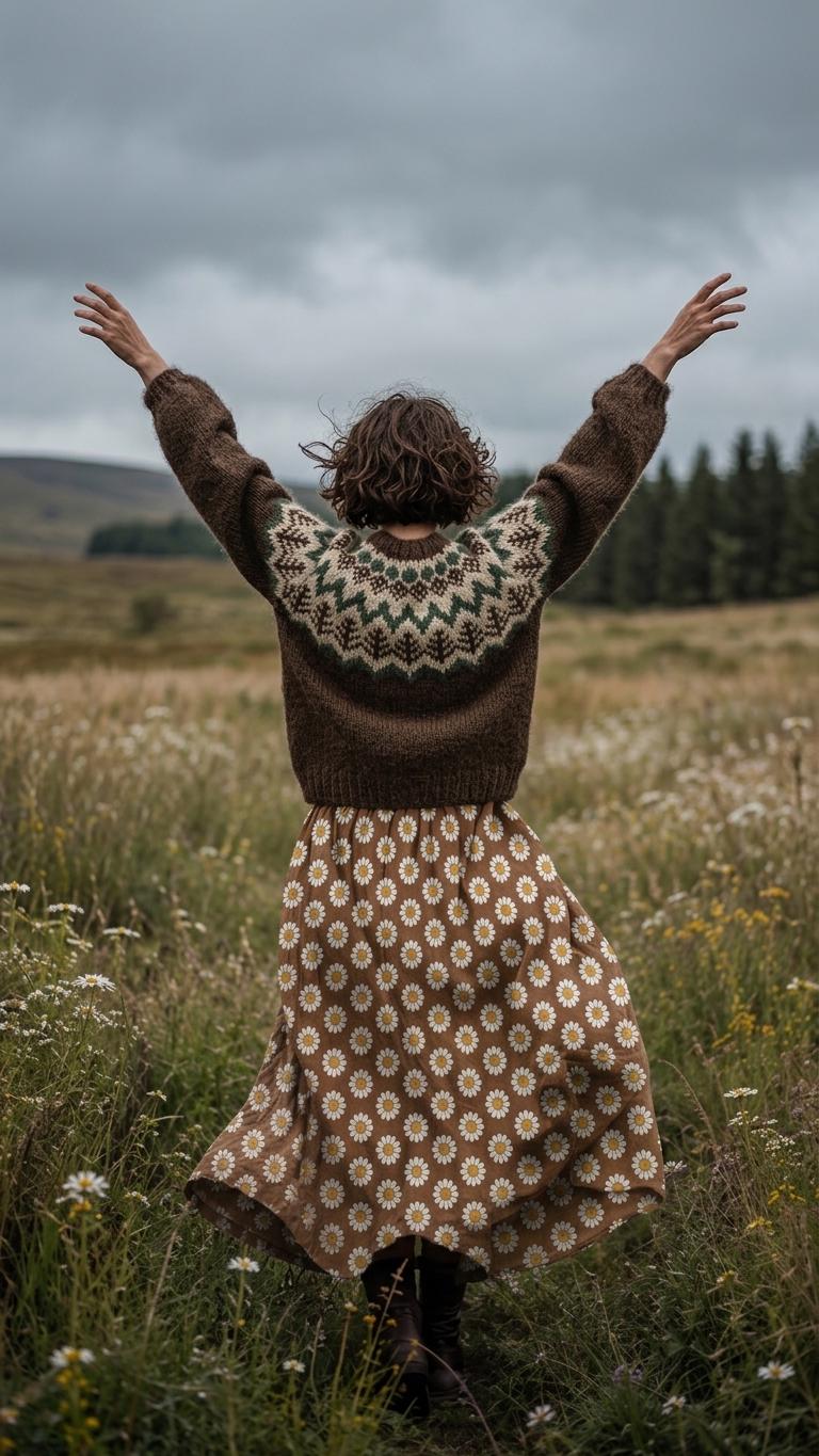 Brown Floral High Waist Maxi Skirt, Vintage Inspired Boho Long Skirt