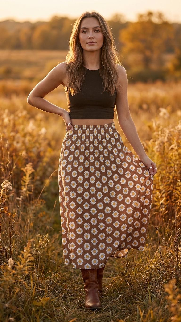 Brown Floral High Waist Maxi Skirt, Vintage Inspired Boho Long Skirt