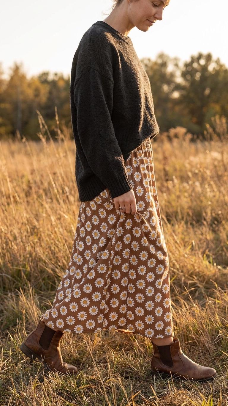 Brown Floral High Waist Maxi Skirt, Vintage Inspired Boho Long Skirt