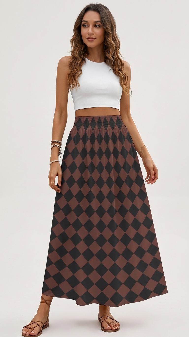 Brown Diamonds High Waist Maxi Skirt, Vintage Inspired Boho Long Skirt