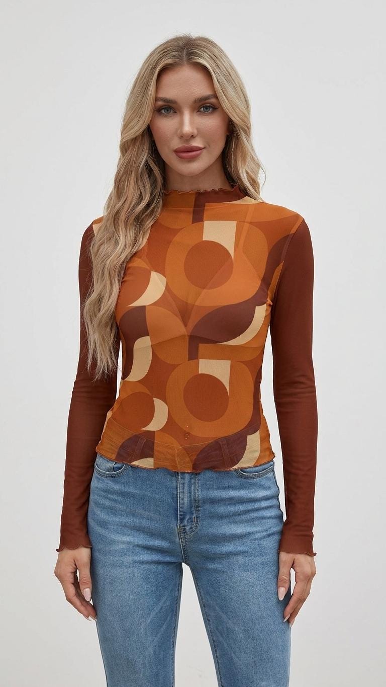 Y2K Women’s Retro Mesh Top, Sheer Long-Sleeve Shirt, Vintage-Inspired Statement Tee - Mid-Century Styles