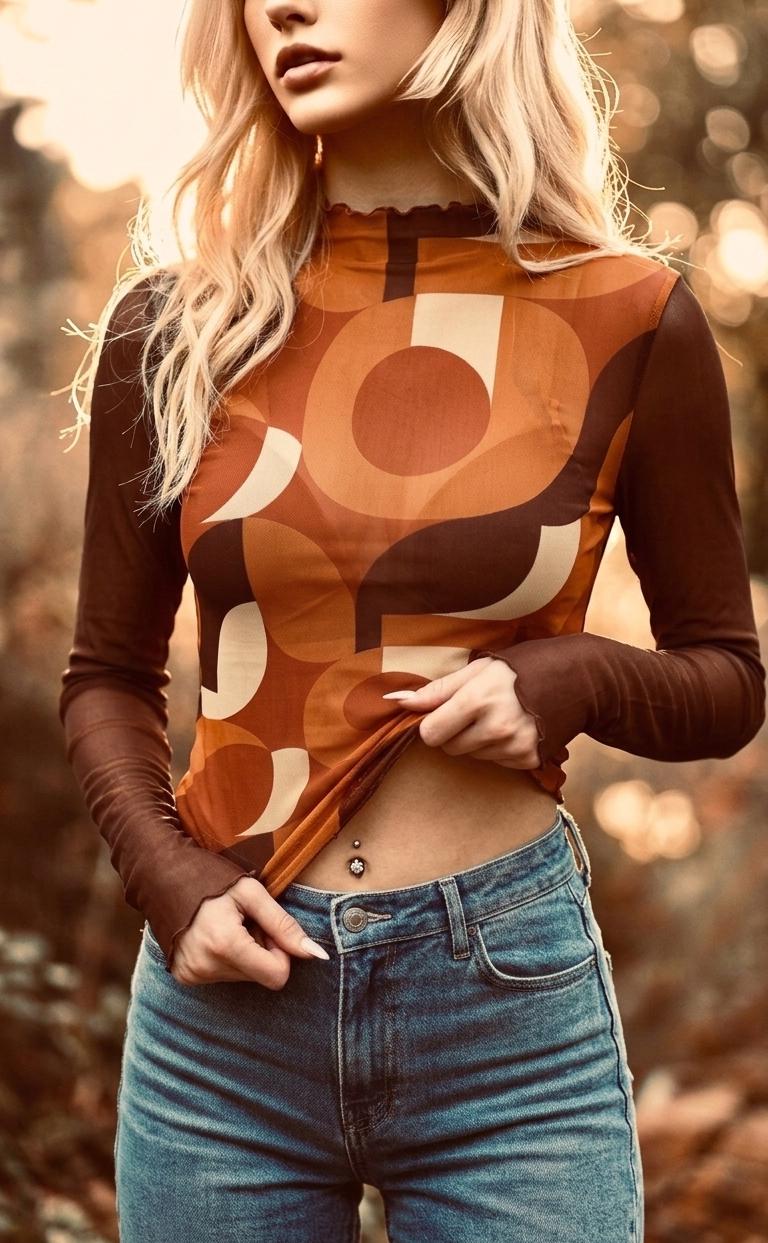 Y2K Women’s Retro Mesh Top, Sheer Long-Sleeve Shirt, Vintage-Inspired Statement Tee - Mid-Century Styles