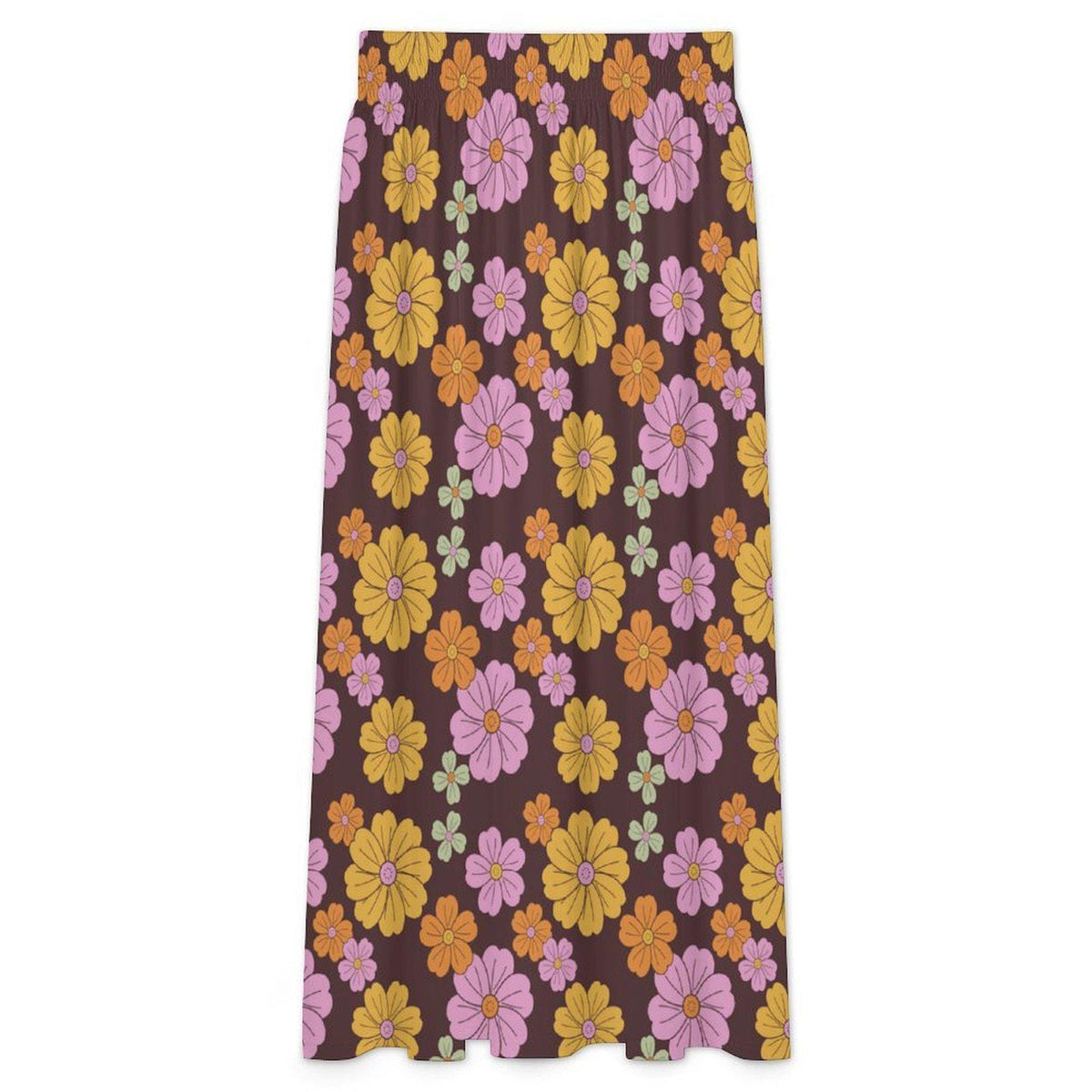 Brown 1970s Florals High Waist Maxi Skirt, Vintage Inspired Boho Long Skirt