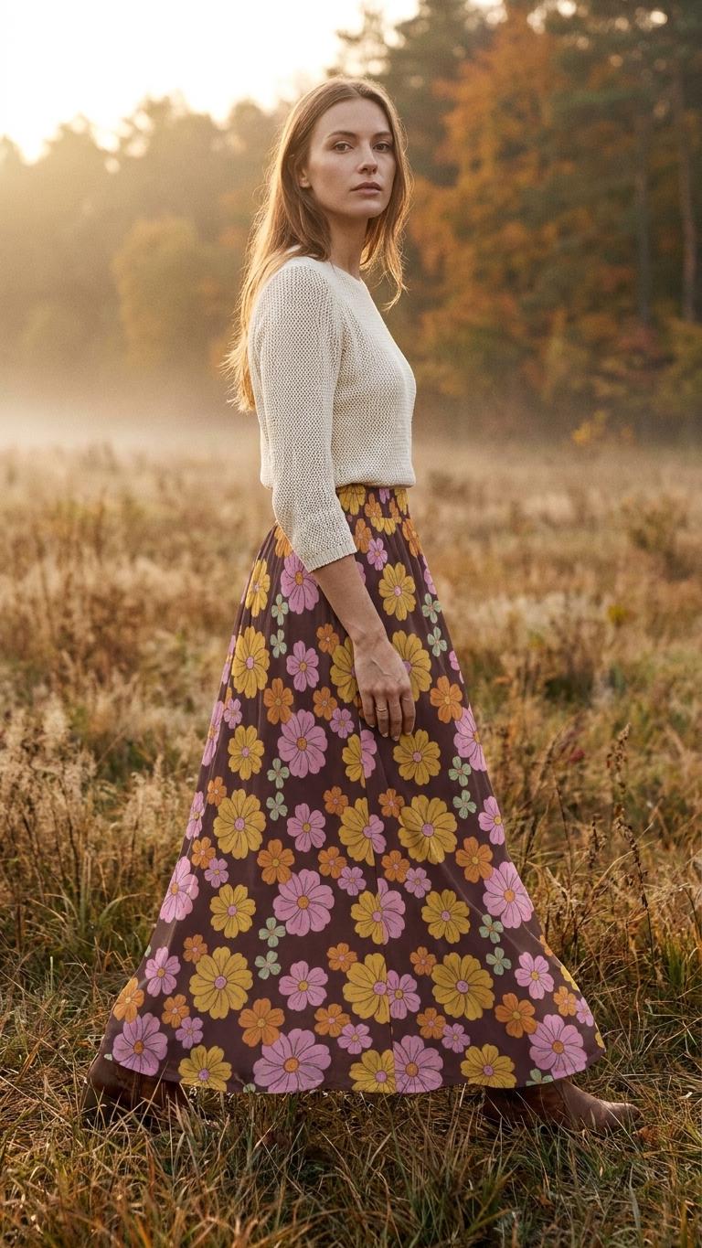 Brown 1970s Florals High Waist Maxi Skirt, Vintage Inspired Boho Long Skirt