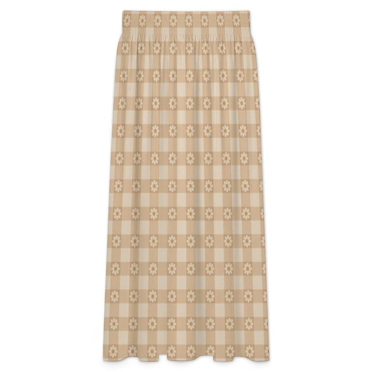 Beige Checks with Daisies High Waist Maxi Skirt, Vintage Inspired Boho Long Skirt
