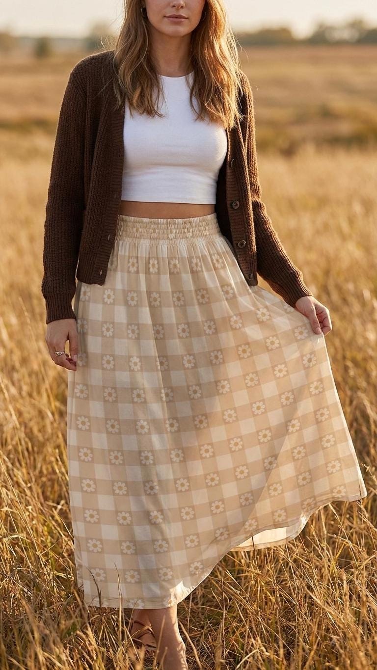 Beige Checks with Daisies High Waist Maxi Skirt, Vintage Inspired Boho Long Skirt