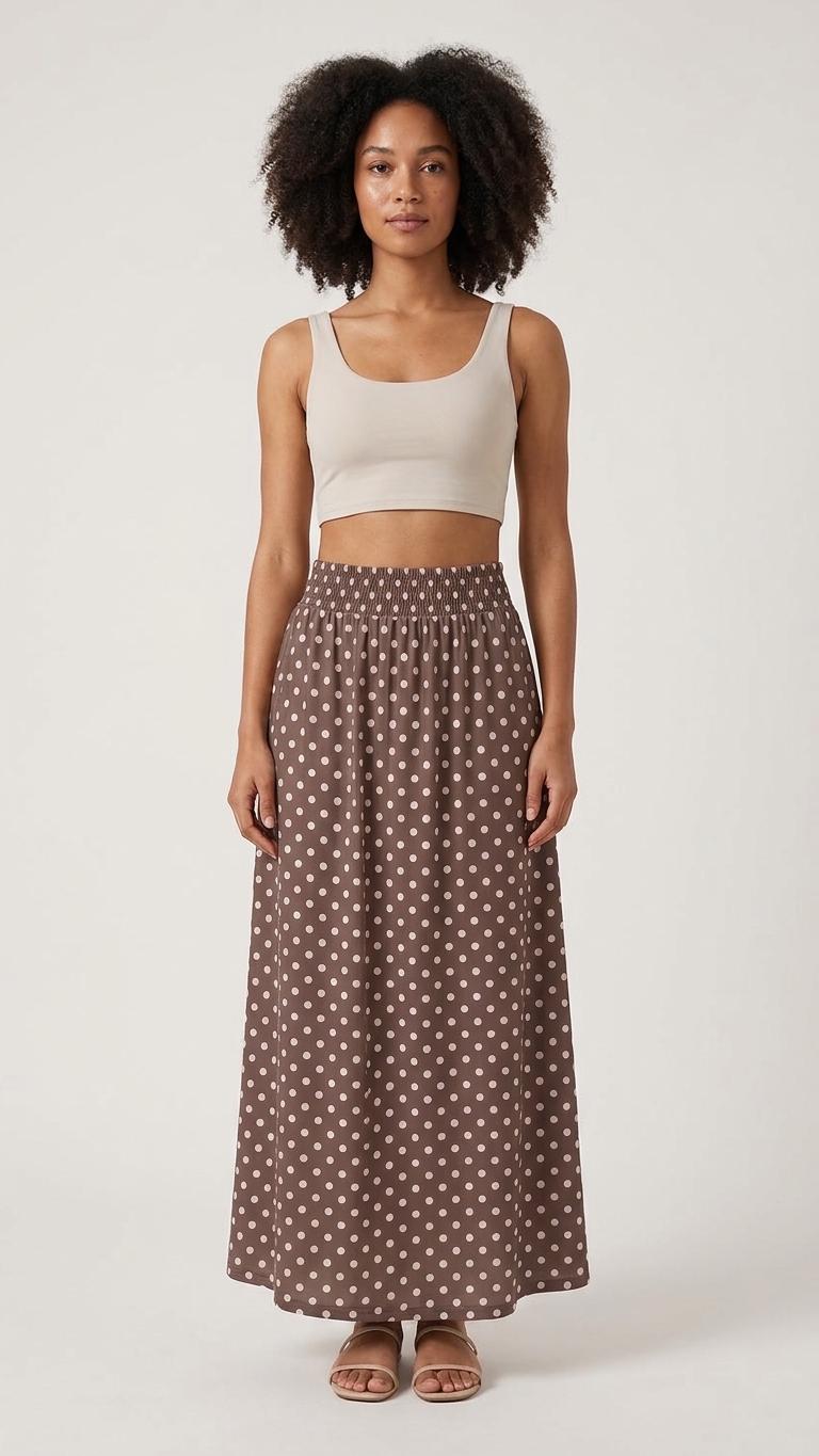 Brown Polka Dot High Waist Maxi Skirt, Vintage Inspired Boho Long Skirt