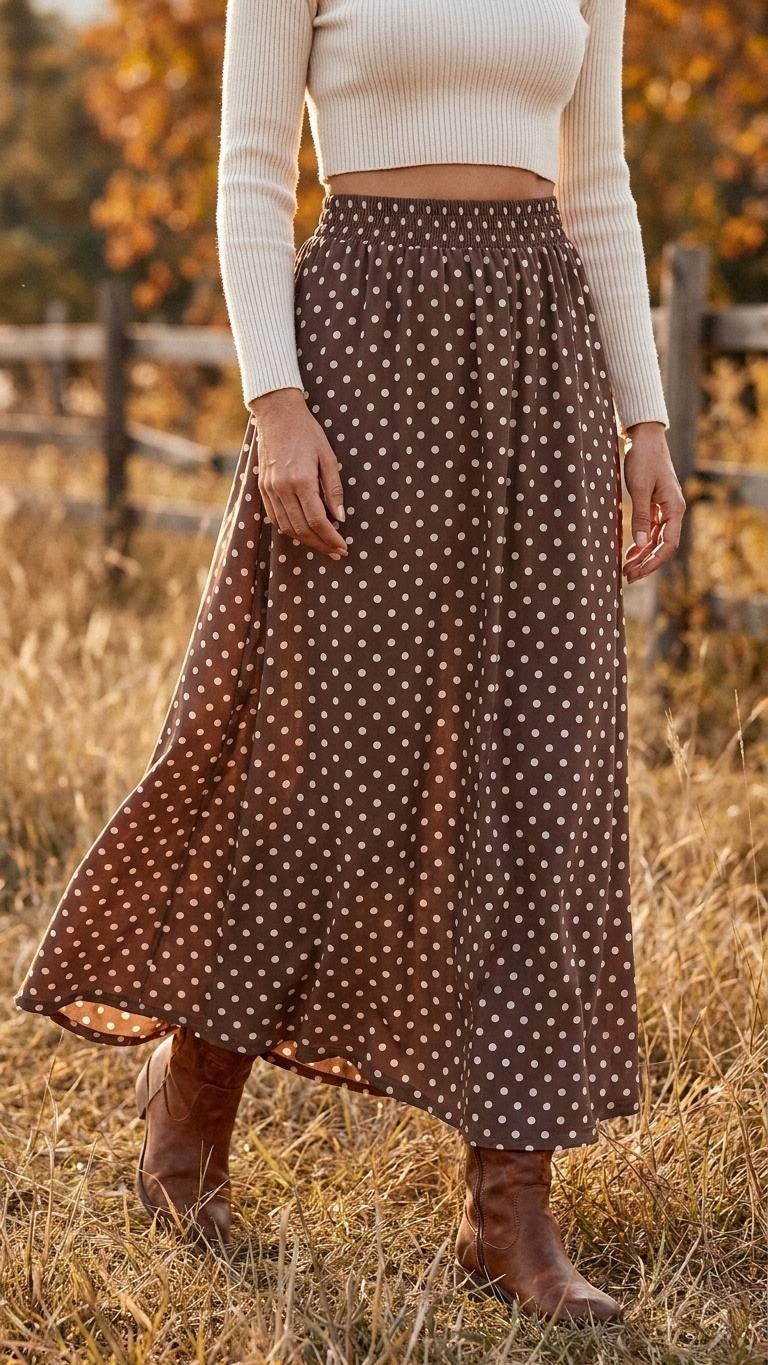 Brown Polka Dot High Waist Maxi Skirt, Vintage Inspired Boho Long Skirt