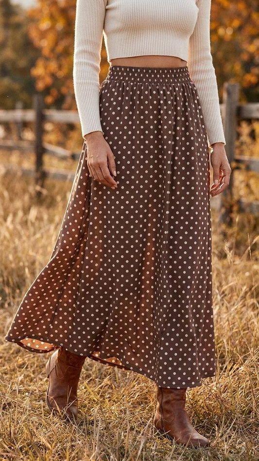 Brown Polka Dot High Waist Maxi Skirt, Vintage Inspired Boho Long Skirt